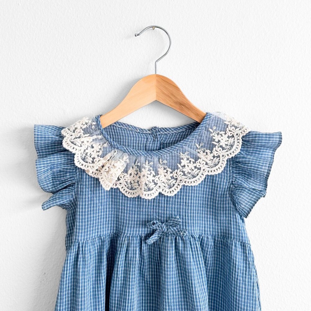 NWT Pretty Girls Embroidered Lace Ruffled Collar Dress Checkered Blue & White 5T - Picture 3 of 3